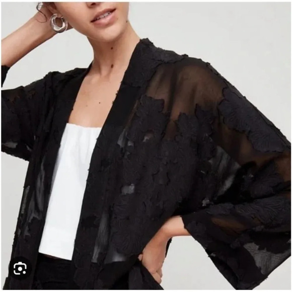 Wilfred Jackets & Blazers - Aritzia WILFRED Durante Black Sheer Floral Jacquard Kimono Robe Jacket, Size XS